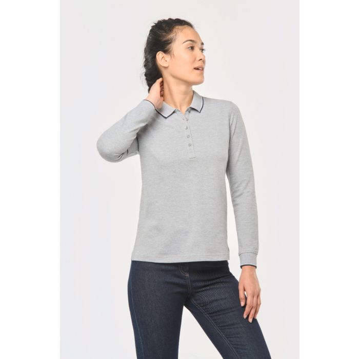 Dames polo van piquétricot met lange mouwen 